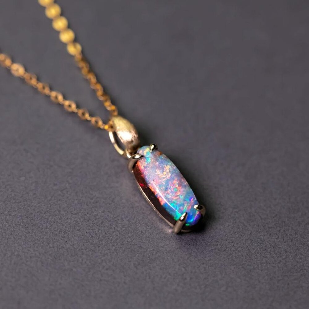 Leaf Design Australian Boulder Opal Necklace Pendant 14K Yellow Gold